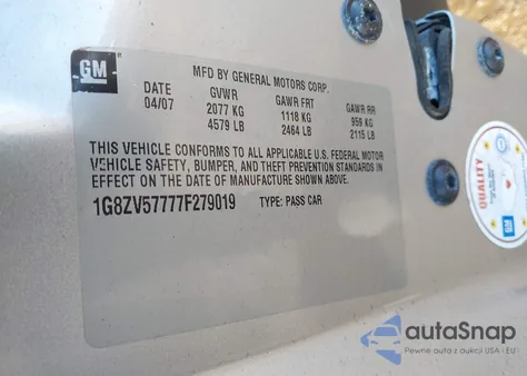 2007 Saturn Aura Xr from USA, damaged, VIN 1G8ZV57777F279019